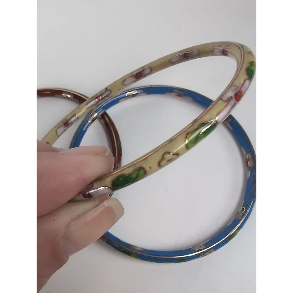 Cloisonné Bangles Bracelet Set of 3 Floral Metal Enamel Jewelry Vintage Retro